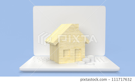 The wood house on laptop for property or real estate concept 3d rendering. The wood house on laptop for property or real estate concept 3d rendering. 111717632