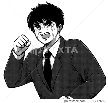 Retro graphic hand-drawn illustration of a man in a suit cheering while crying 111717692