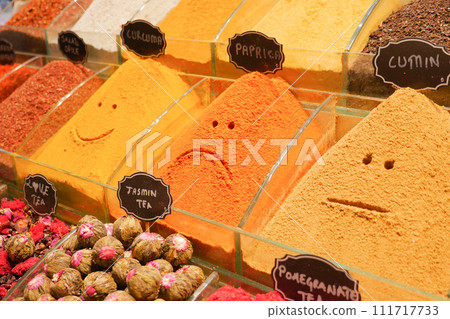 various spices in store in istanbul . 111717733
