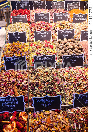 Colorful herbal tea from spice bazaar, traditional tea in Istanbul, Colorful herbal tea from spice bazaar, traditional tea in Istanbul, 111717734