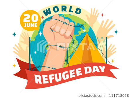 World Refugee Day Vector Illustration on 20 June of Immigration Family and Their Kids Walking Seek Home with Fence Iron Wire and Hand in Background 111718058