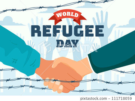World Refugee Day Vector Illustration on 20 June of Immigration Family and Their Kids Walking Seek Home with Fence Iron Wire and Hand in Background 111718059