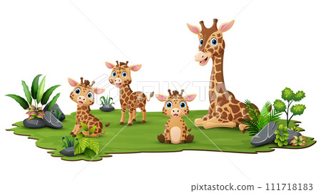 Cute family giraffe cartoon in the grass Cute family giraffe cartoon in the grass 111718183