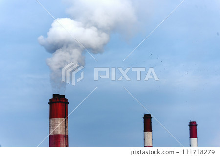 Power stations manufacturing electrical industrial plant. Electric power building refinery engineering smog steam smokestack. Lignite electricity chimneys release pollution in industry plant blue sky 111718279
