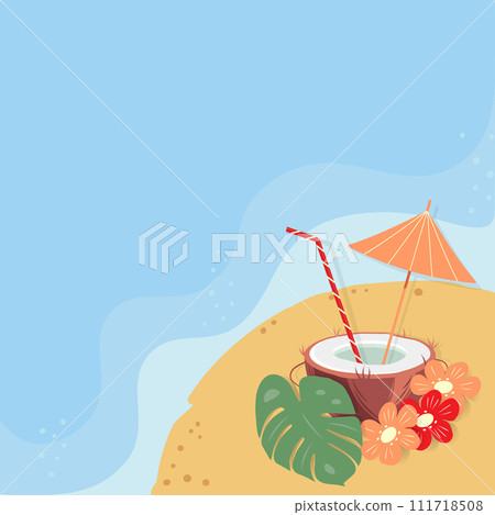 Half coconut, cocktail straw and umbrella inside with flowers and monstera leaves on the sea beach 111718508