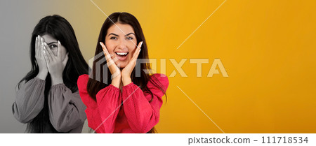 Happy excited and sad scared millennial arab lady suffer from depression, closes face and violence Happy excited and sad scared millennial arab lady suffer from depression, closes face and violence 111718534