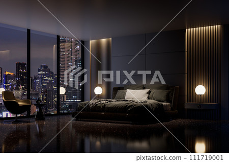 Night scene, Modern style luxury black master bedroom with city view 3d render 111719001