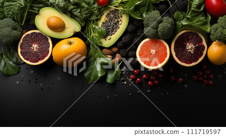 Fresh organic vegetables fruits harvest background. Organic garden vegetables on the dark background Fresh organic vegetables fruits harvest background. Organic garden vegetables on the dark background 111719597