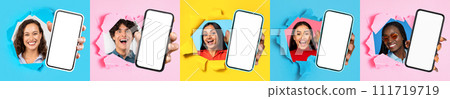 Five exuberant individuals of diverse ethnicities smile brightly, popping out of colorful torn paper Five exuberant individuals of diverse ethnicities smile brightly, popping out of colorful torn paper 111719719