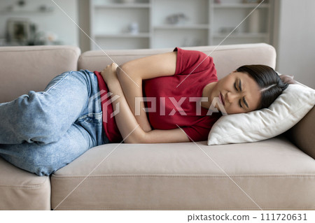 Menstrual Pain. Young Sick Woman Suffering From Acute Abdominal Ache At Home Menstrual Pain. Young Sick Woman Suffering From Acute Abdominal Ache At Home 111720631