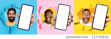 Three excited men of different ethnicities cheerfully pop through colorful paper backgrounds Three excited men of different ethnicities cheerfully pop through colorful paper backgrounds 111720650