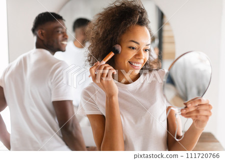 Happy Black Young Couple Getting Ready Together In Modern Bathroom 111720766