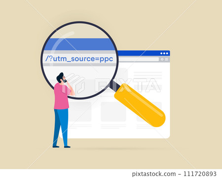 UTM tracking code. Urchin Tracking Module Link tagging, digital marketing campaign analytics, URL parameters for tracking, UTM link strategy analytics tools. Vector illustration 111720893