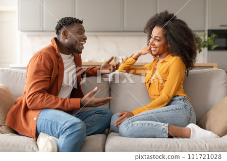 Happy African American Spouses Talking And Flirting Sitting At Home 111721028