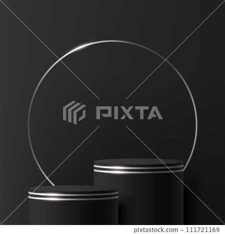 Modern black and silver cylinder pedestal podium. Cosmetic banner display. Vector 111721169