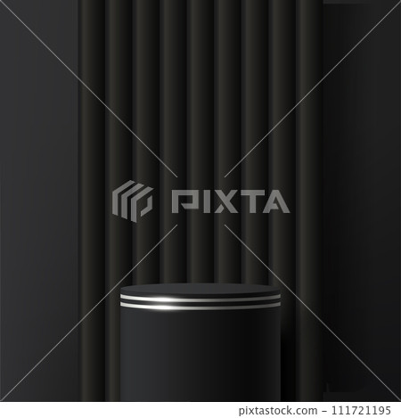 Modern black and silver cylinder pedestal podium. Cosmetic banner display. Vector Modern black and silver cylinder pedestal podium. Cosmetic banner display. Vector 111721195
