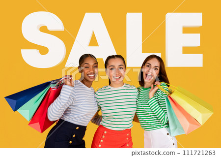 Collage With Three Diverse Customers Ladies Posing With Shopper Bags Collage With Three Diverse Customers Ladies Posing With Shopper Bags 111721263