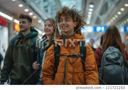 AI-generated content. A group travelers, wearing backpack on the airport. Generative AI 111721283