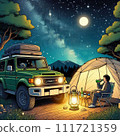 A man camping at a campsite at night 111721359