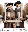 An elderly couple wearing coats and holding hands 111721362