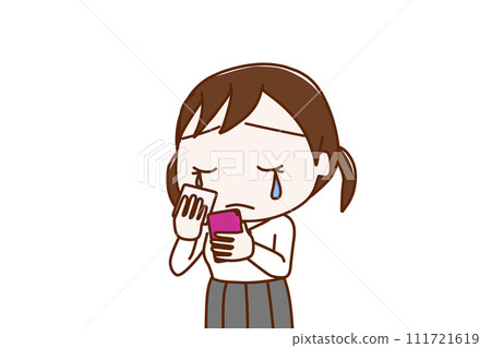 (Upper body diagonal) Female student crying with sadness while holding a smartphone and looking at the screen (Upper body diagonal) Female student crying with sadness while holding a smartphone and looking at the screen 111721619