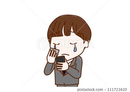(Upper body diagonal) A male student who is sad and sheds tears while holding a smartphone and looking at the screen (Upper body diagonal) A male student who is sad and sheds tears while holding a smartphone and looking at the screen 111721620