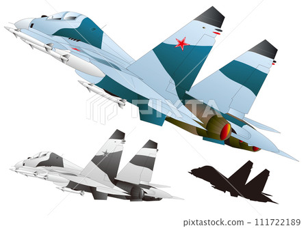 Illustration depicting a jet fighter with a blue camouflage pattern from the back (white background, with monochrome silhouette) Illustration depicting a jet fighter with a blue camouflage pattern from the back (white background, with monochrome silhouette) 111722189