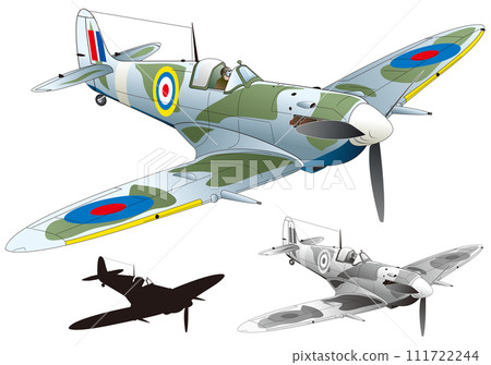 Illustration of a reciprocating fighter aircraft that was active during World War II (white background, monochrome, with black silhouette) 111722244