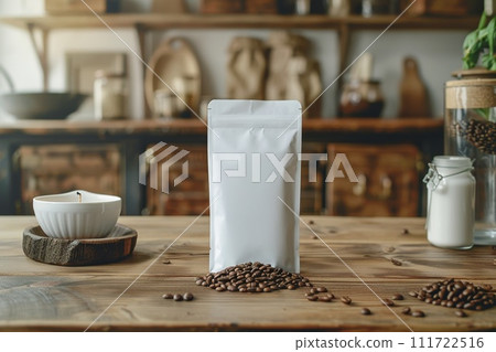 AI-generated content. Blank coffee packaging, coffee packaging mockup, on a wooden background. generative AI AI-generated content. Blank coffee packaging, coffee packaging mockup, on a wooden background. generative AI 111722516
