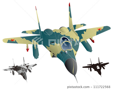 Twin-jet engine fighter MIG 29 Fulcrum (Middle Eastern brown-green camouflage illustration, with monochrome and black silhouette) 111722568
