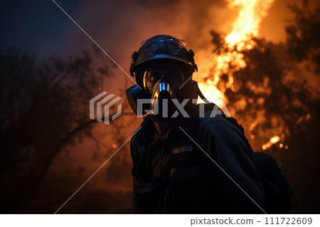 Fireman with fire hose for fighting fire wearing fire protective suite . Generative AI 111722609