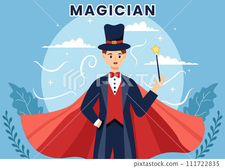 Magician Vector Illustration with Illusionist Conjuring Tricks and Waving a Magic Wand above his Mysterious Hat on a Stage in Flat Cartoon Background 111722835