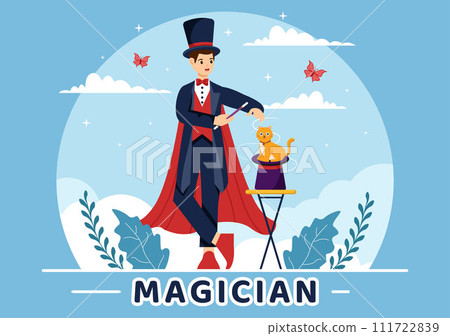 Magician Vector Illustration with Illusionist Conjuring Tricks and Waving a Magic Wand above his Mysterious Hat on a Stage in Flat Cartoon Background Magician Vector Illustration with Illusionist Conjuring Tricks and Waving a Magic Wand above his Mysterious Hat on a Stage in Flat Cartoon Background 111722839
