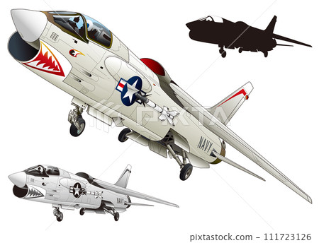 美國海軍艦載噴射戰鬥機 F-8 十字軍（摳圖白色背景、單色、黑色剪影） 111723126