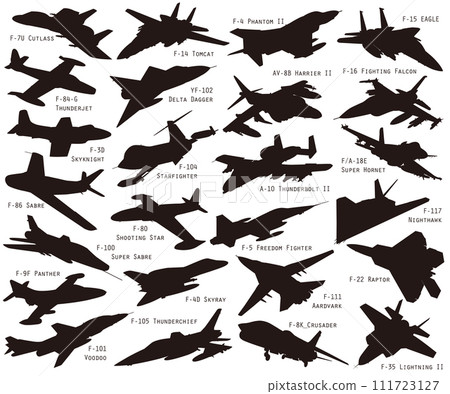 25 架軍用飛機的向量輪廓圖示圖集，例如歷史上的美國噴射戰鬥機 111723127