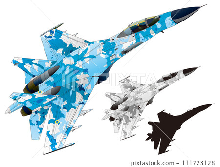 Blue and gray camouflage jet fighter Sukhoi Su-27 cutout on white background, monochrome color with black silhouette) Blue and gray camouflage jet fighter Sukhoi Su-27 cutout on white background, monochrome color with black silhouette) 111723128