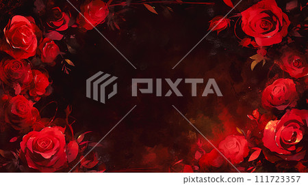 黑色背景上的豪華紅玫瑰插圖的框架背景“AI 生成圖像” 111723357