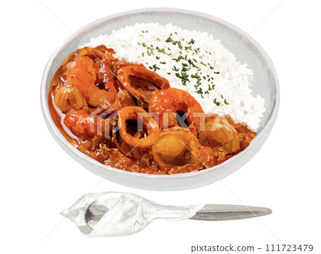 Seafood curry (with parsley and spoon) Seafood curry (with parsley and spoon) 111723479