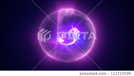 Energy purple blue magic sphere, futuristic round high-tech ball bright glowing atom made of electricity, background Energy purple blue magic sphere, futuristic round high-tech ball bright glowing atom made of electricity, background 111723509