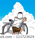 A boy pushing his bicycle on a summer day and looking up at the white thunderclouds 111723629
