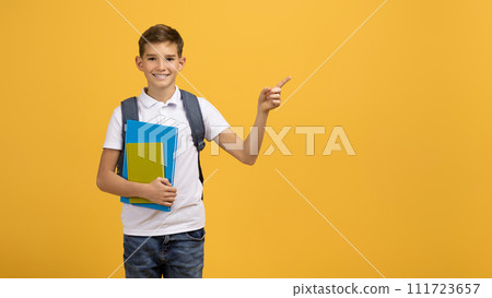 Happy schoolboy carrying backpack and textbooks and pointing aside at copy space 111723657