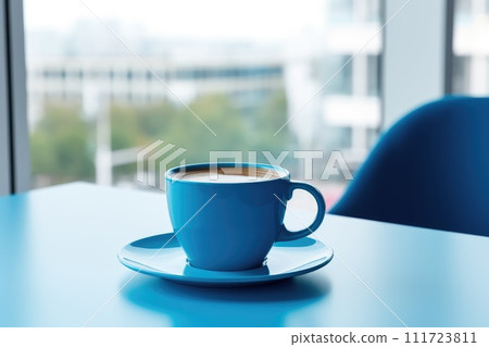 Blue cup is on office background. Blue Monday concept and copy space, generative ai 111723811