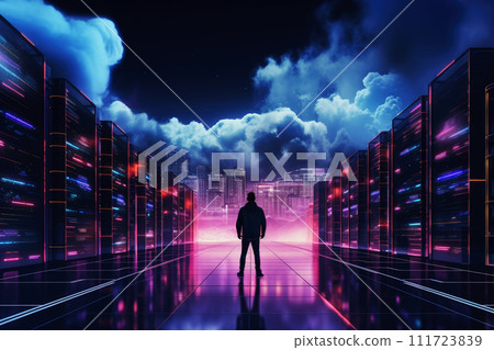 A man walks down the corridor to the Futuristic Data Center . Ai generated. 111723839