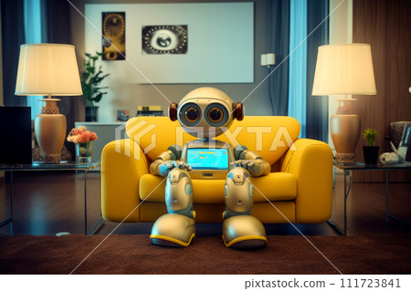 Robot is sitting on the sofa in the living room. Robotization of people's daily lives concept. 111723841