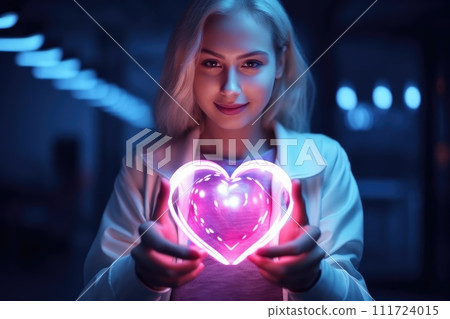 woman hold a pink neon heart. Generative AI woman hold a pink neon heart. Generative AI 111724015