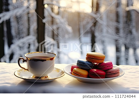 winter view on Coffee and colorful macarons sit in front of the window. Generative AI 111724044