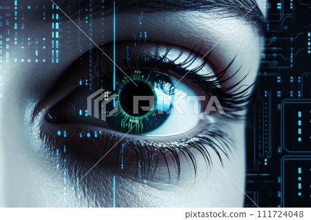 Futuristic woman eye display cyberspace concept science. AI generative Futuristic woman eye display cyberspace concept science. AI generative 111724048