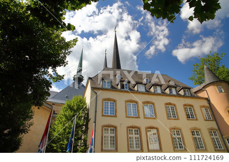 Grand Duchy of Luxembourg, a country in the Benelux, cityscape with the spire of Notre Dame Cathedral in the old town of the capital, a world cultural heritage site Grand Duchy of Luxembourg, a country in the Benelux, cityscape with the spire of Notre Dame Cathedral in the old town of the capital, a world cultural heritage site 111724169