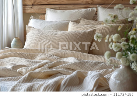 AI-generated content. White pillows and duvet on the bed. Bedroom with bed and bedding. Generative AI 111724195