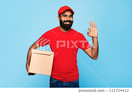 Delivery indian man with box giving okay sign 111724412
